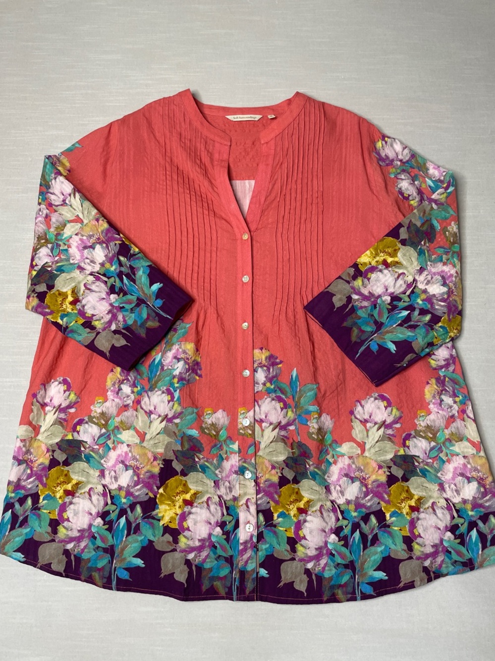 Soft Surroundings Women's Button Up Tunic Shirt Pintuck Floral Cotton Size 2X